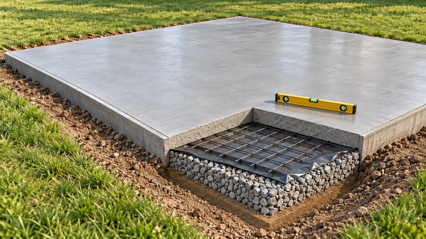 Płyta betonowa pod garaż w przekroju: podsypka, folia, zbrojenie i ok. 10 cm betonu